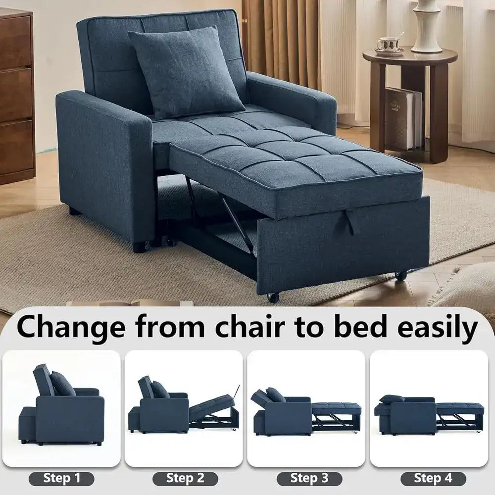 Blue fabric sofa bed in a living room setting with pull-out mechanism shown.