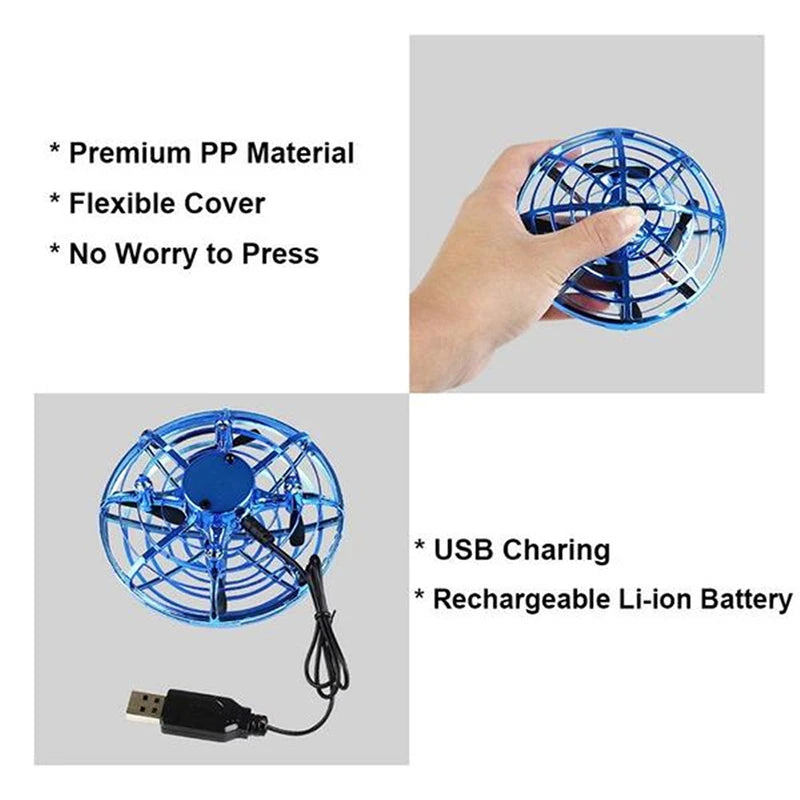 Blue handheld fan with USB charging cable on a gray background, featuring text about material and features.