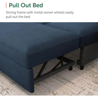 Blue pull-out bed with metal swivel wheels on a light wood floor.