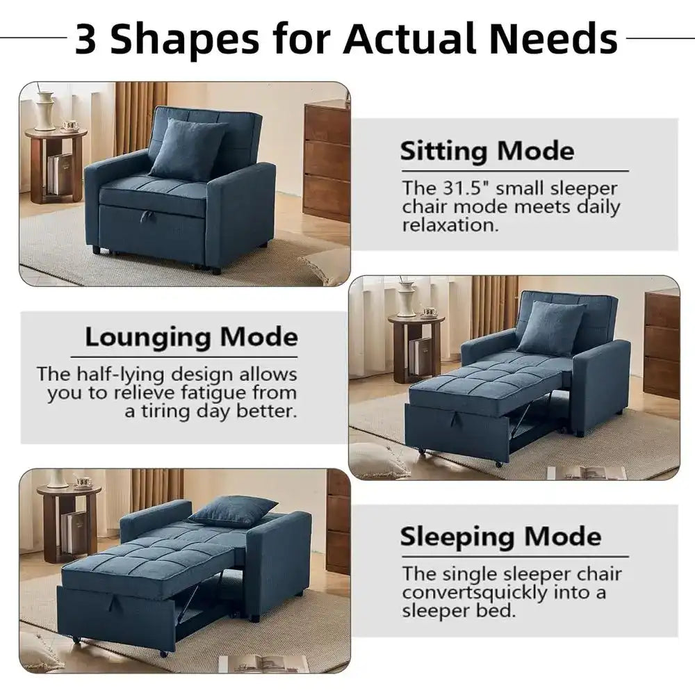 Blue sleeper chair in various modes with text labels on a white background