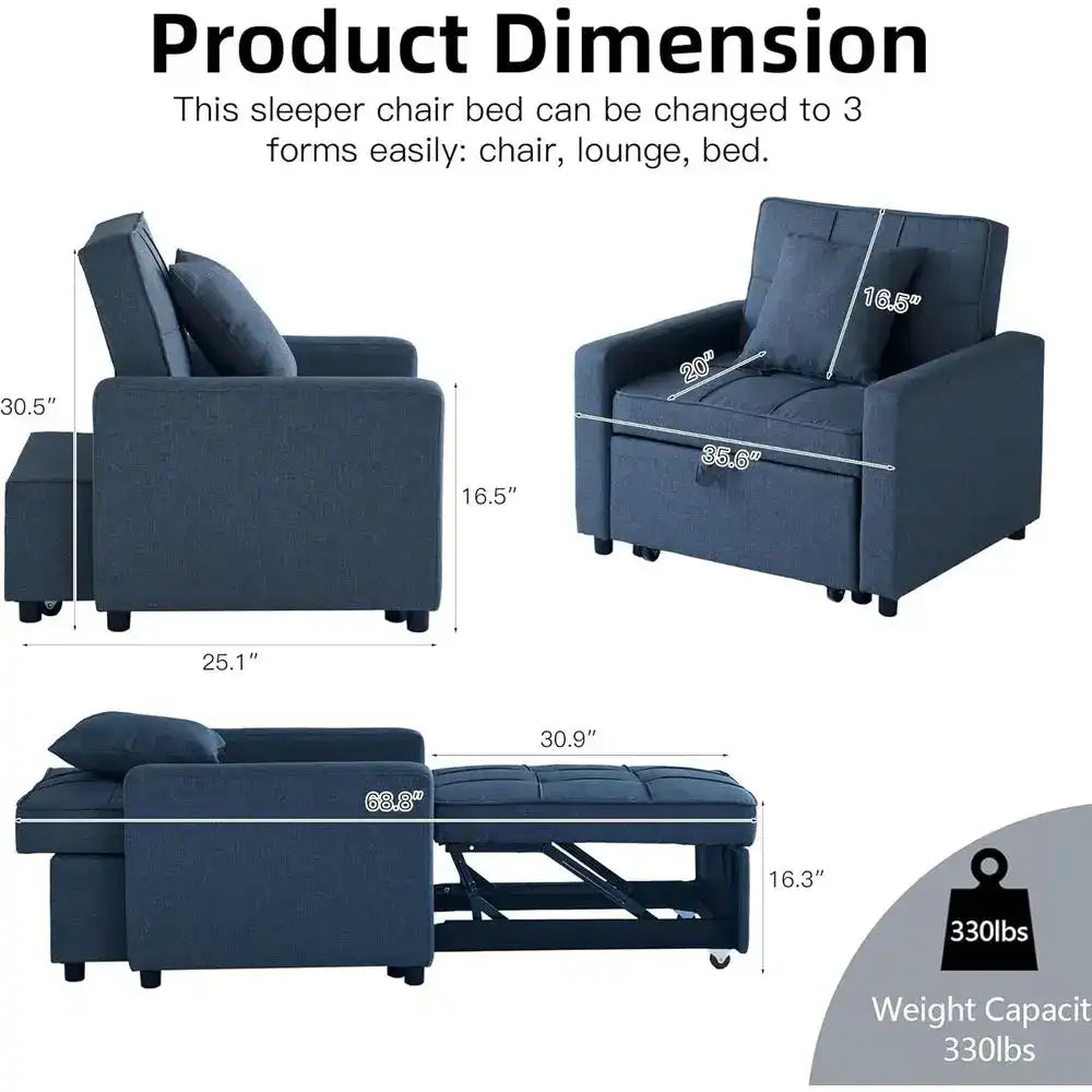 Blue sleeper chair bed with dimensions and weight capacity information on a white background