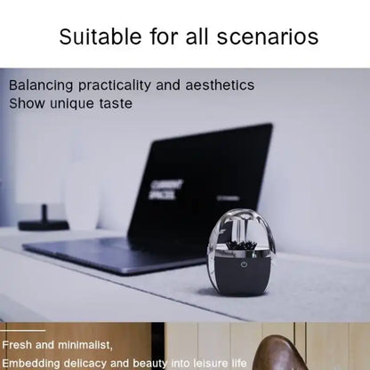  fluid Bluetooth speaker on a desk next to a laptop with text about its versatility and design.