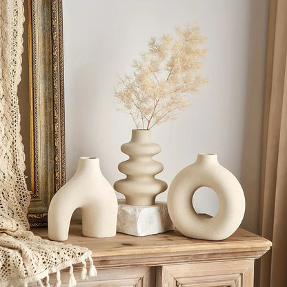 Boho Ceramic Vase Set – Minimalist Neutral Decorative Vases - Beige