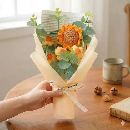 Bouquet of flowers with a sunflower design held by a hand on a wooden table.