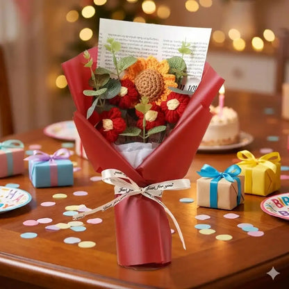 Bouquet of knitted flowers in a red box on a festive table with presents and lights.