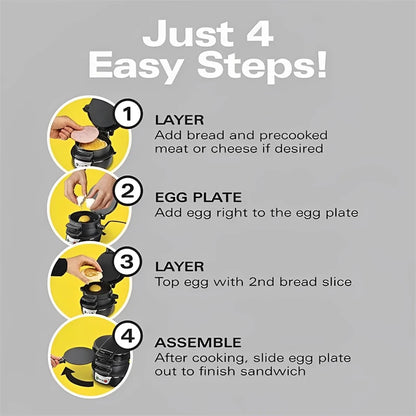 Step-by-step guide for making an egg sandwich with illustrations and text on a gray background.
