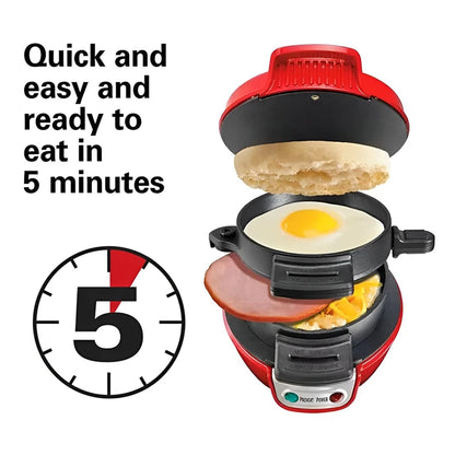 Breakfast sandwich maker with English muffin, egg, and ham on a white background with text 'Quick and easy and ready to eat in 5 minutes'.