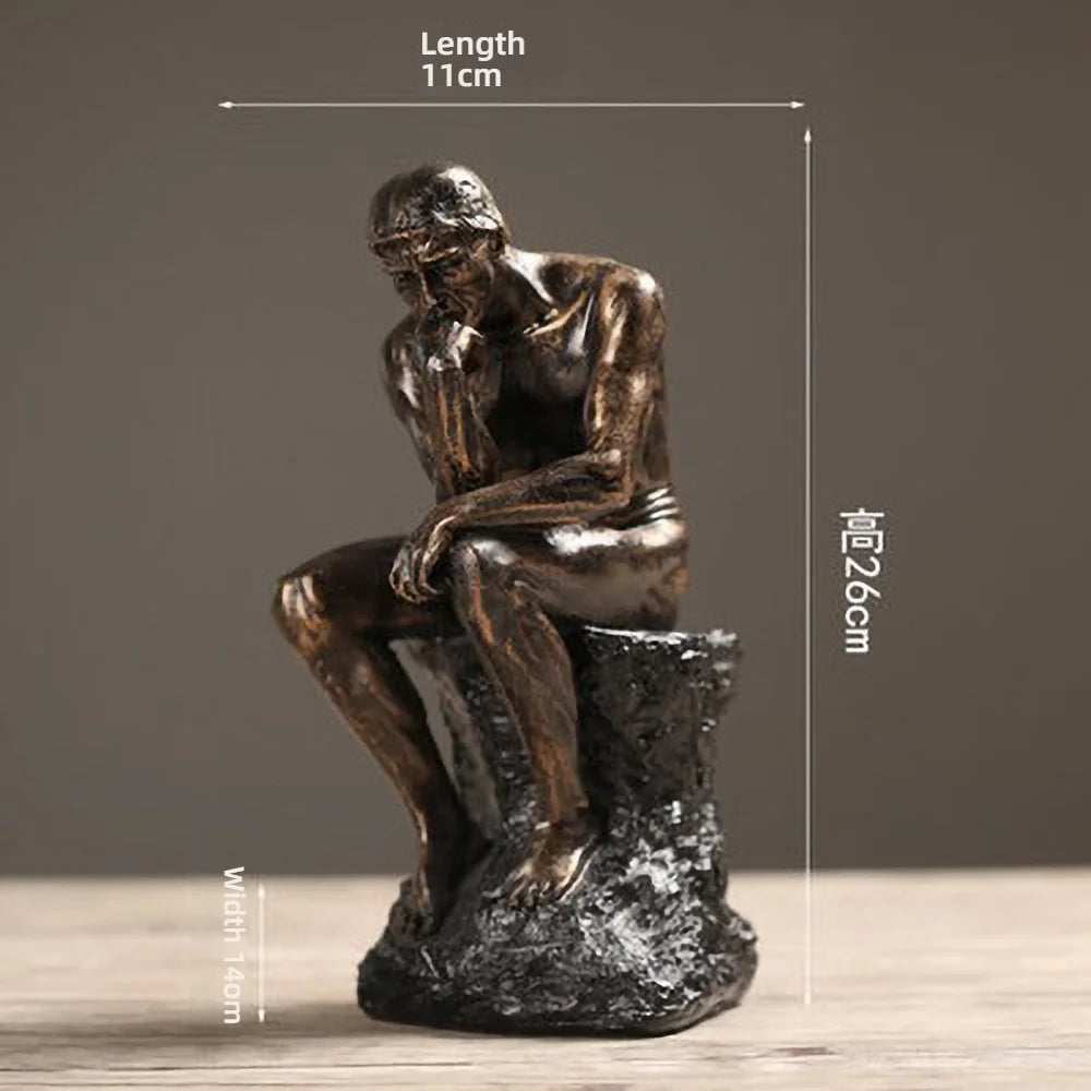 Bronze sculpture of a thinker with dimensions on a gray background