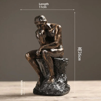 Bronze sculpture of a thinker with dimensions on a gray background
