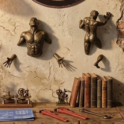 Bronze statues and parts on a rustic workbench with books and tools.