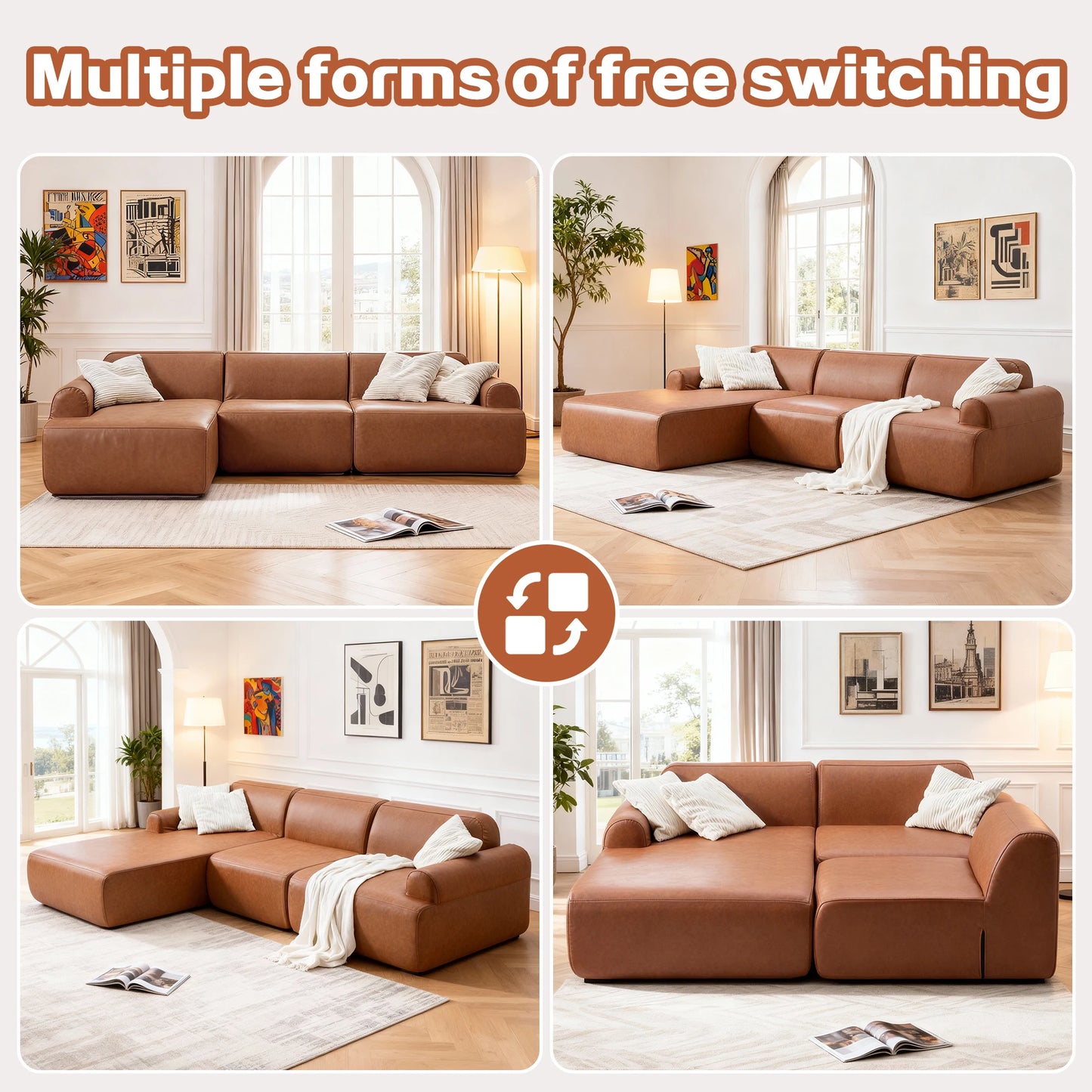 Brown sectional sofa in a living room setting with multiple views.
