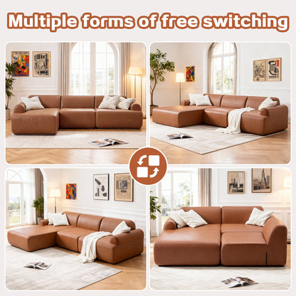 Brown sectional sofa in a living room setting with multiple views.