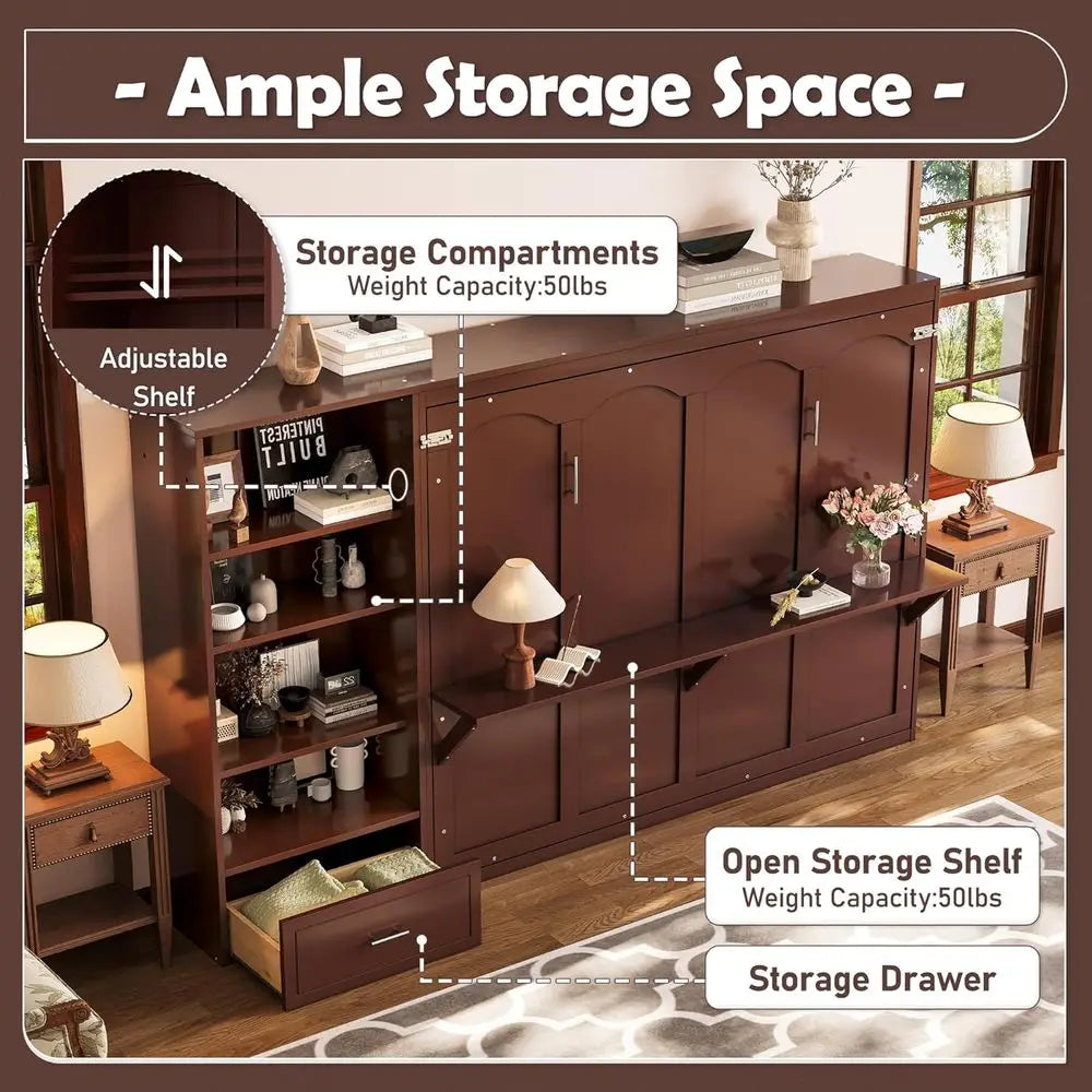 Brown storage unit with shelves, drawers, and open compartments in a room setting.