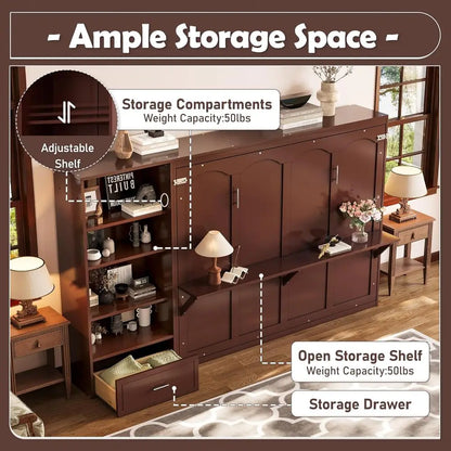 Brown storage unit with shelves, drawers, and open compartments in a room setting.