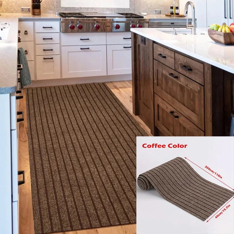 Brown striped rug on a kitchen floor with inset showing product details.