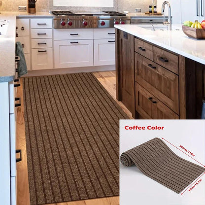 Brown striped rug on a kitchen floor with inset showing product details.