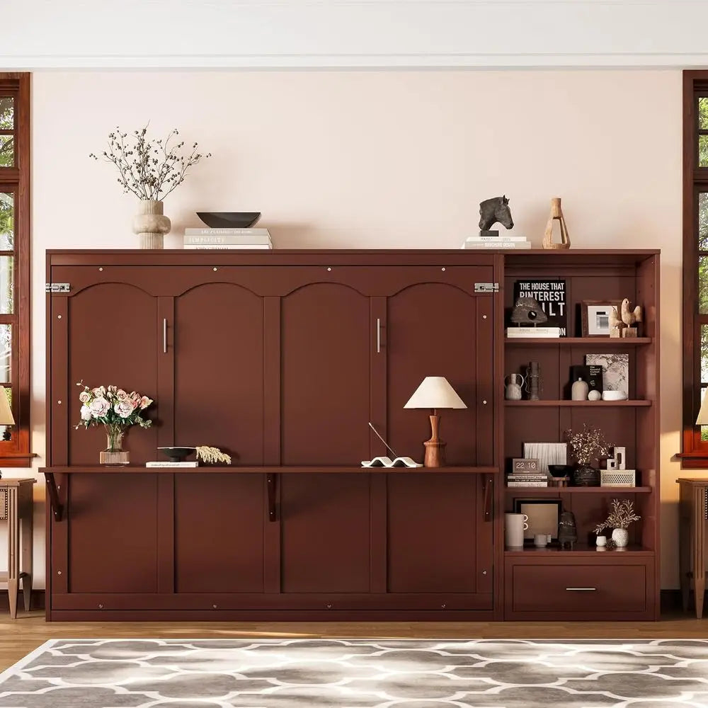Brown wooden entertainment center with decorative items in a room.