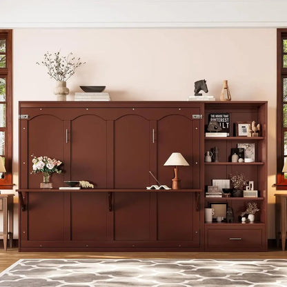 Brown wooden entertainment center with decorative items in a room.