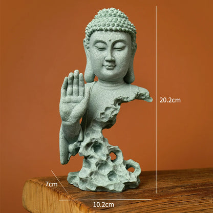 Buddha statue with measurements on a wooden base and orange background
