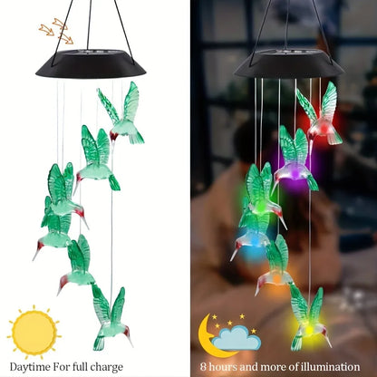 Solar-powered hanging lights with colorful hummingbird designs, showing day and night illumination times.
