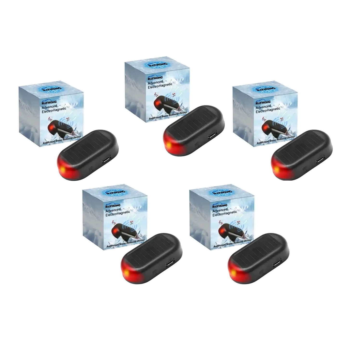 Set of black Antifreeze Car Snow Removal Devices with red lights on a white background, surrounded by their packaging.