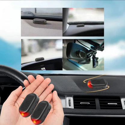 Car air freshener with different installation views and a hand holding two air fresheners.