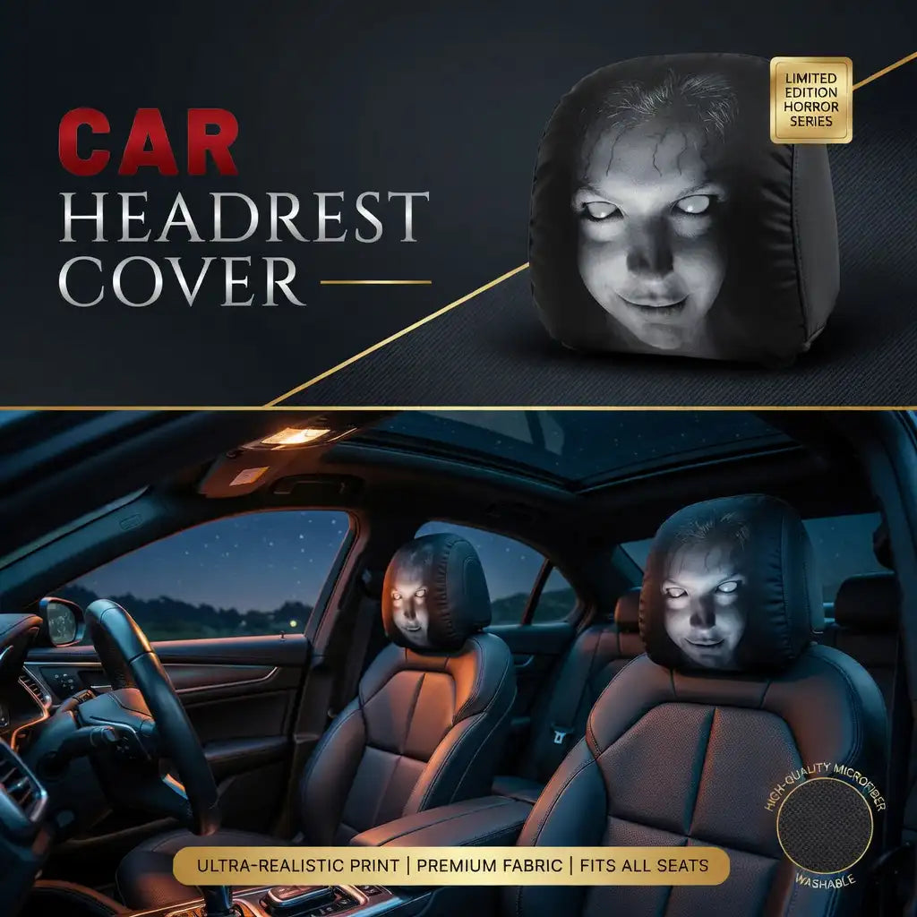 Car headrest cover with a limited edition label, shown on a car seat and steering wheel.
