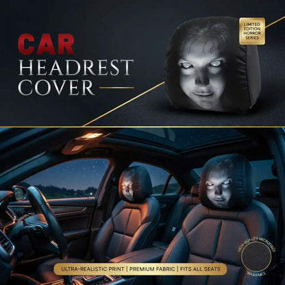 Car headrest cover with a limited edition label, shown on a car seat and steering wheel.