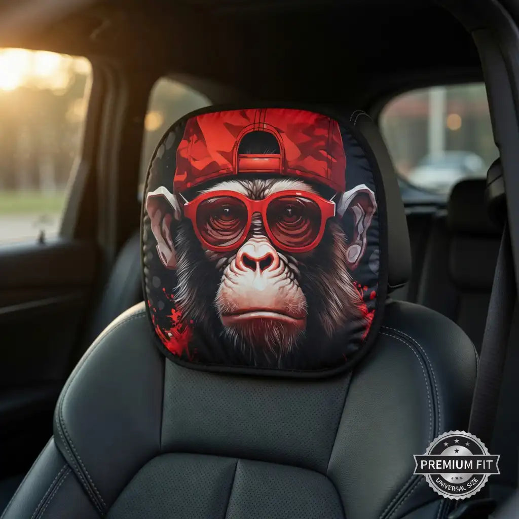 Car headrest cover with monkey design wearing a red cap and sunglasses in a vehicle.