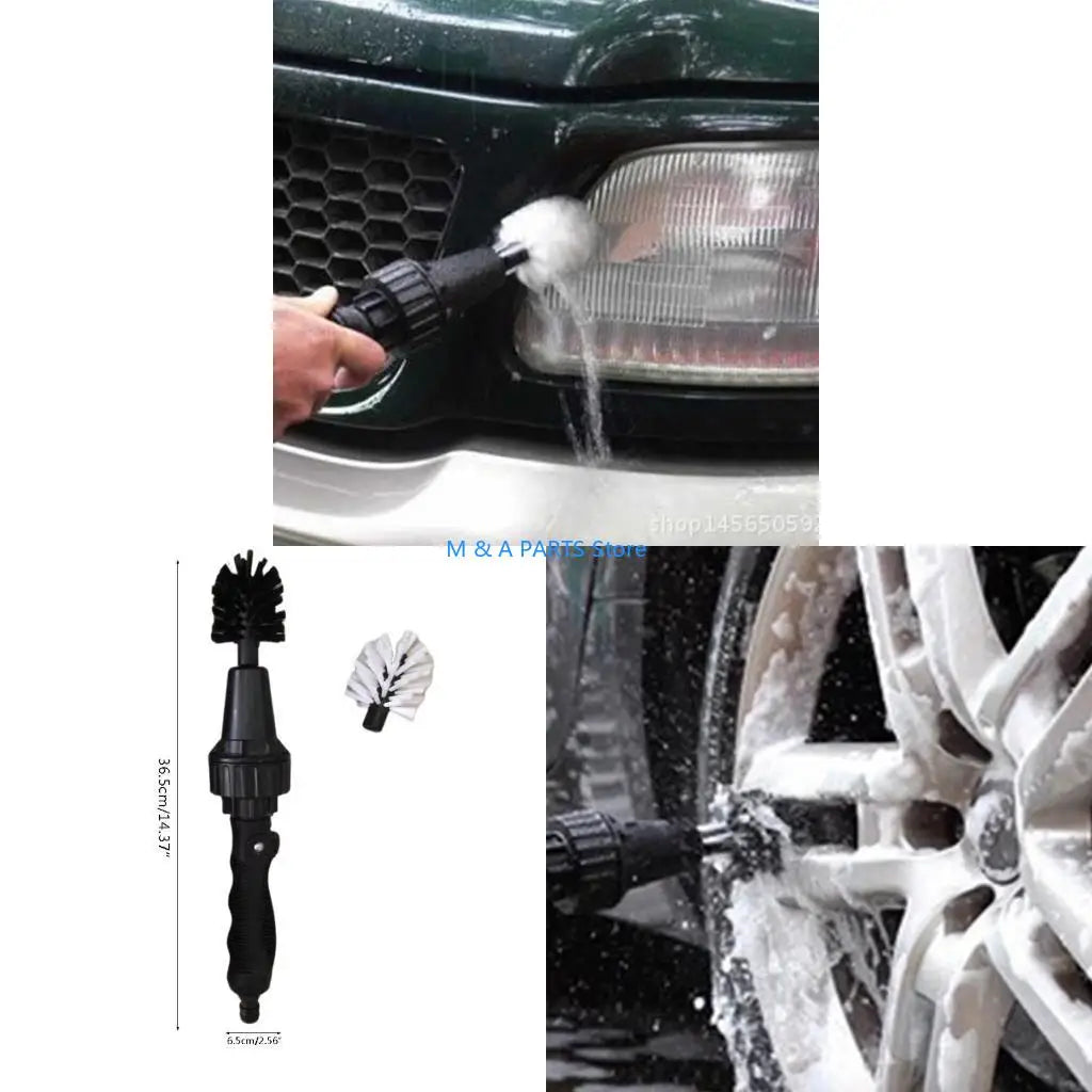 Car washing tool being used on a car's headlight and wheel, with additional tools displayed below.