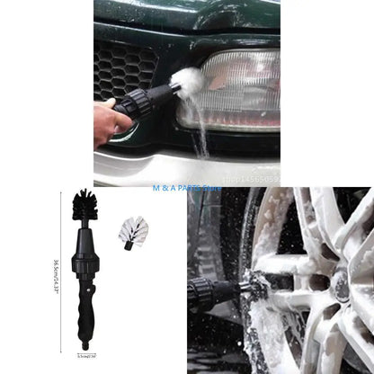Car washing tool being used on a car's headlight and wheel, with additional tools displayed below.