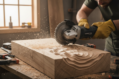 Carbide angle grinding wheel attached to an angle grinder being used on raw wood in a workshop showing smooth carving result