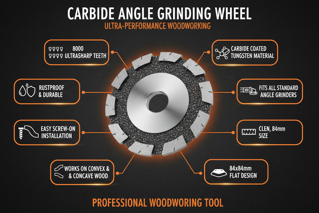 Infographic showing carbide grinding wheel features: 8000 ultrasharp teeth, carbide tungsten, rustproof, fits all grinders, convex and concave wood, 84x84mm