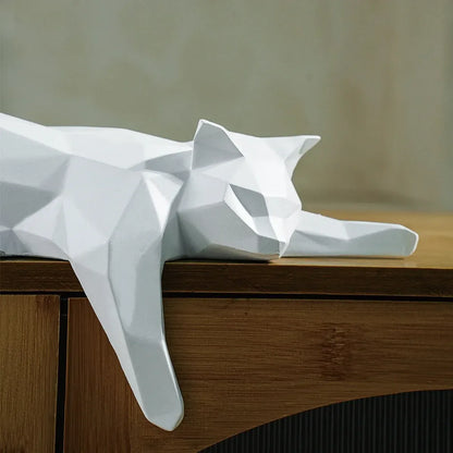 Geometric Cat Sculpture – Modern Minimalist Resin Accent - White