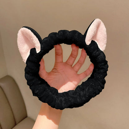 Cat Ear Coral Plush Headband Soft Elastic Makeup & Face Wash Hairband - Black