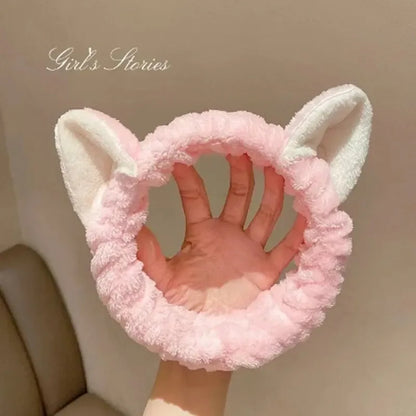 Cat Ear Coral Plush Headband Soft Elastic Makeup & Face Wash Hairband - Pink