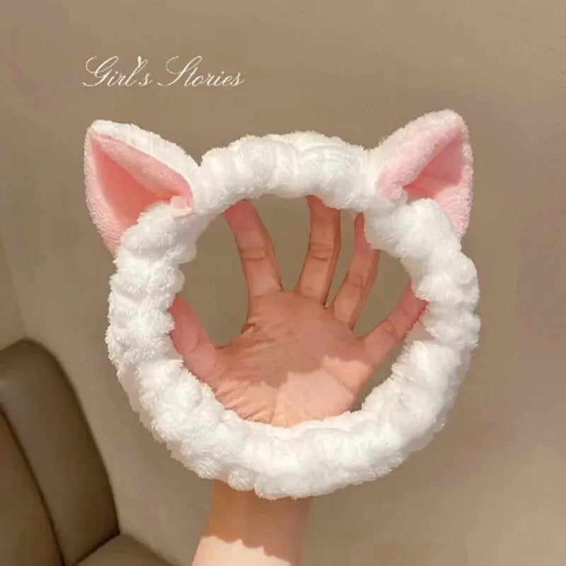 Cat Ear Coral Plush Headband Soft Elastic Makeup & Face Wash Hairband - White