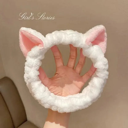 Cat Ear Coral Plush Headband Soft Elastic Makeup & Face Wash Hairband - White