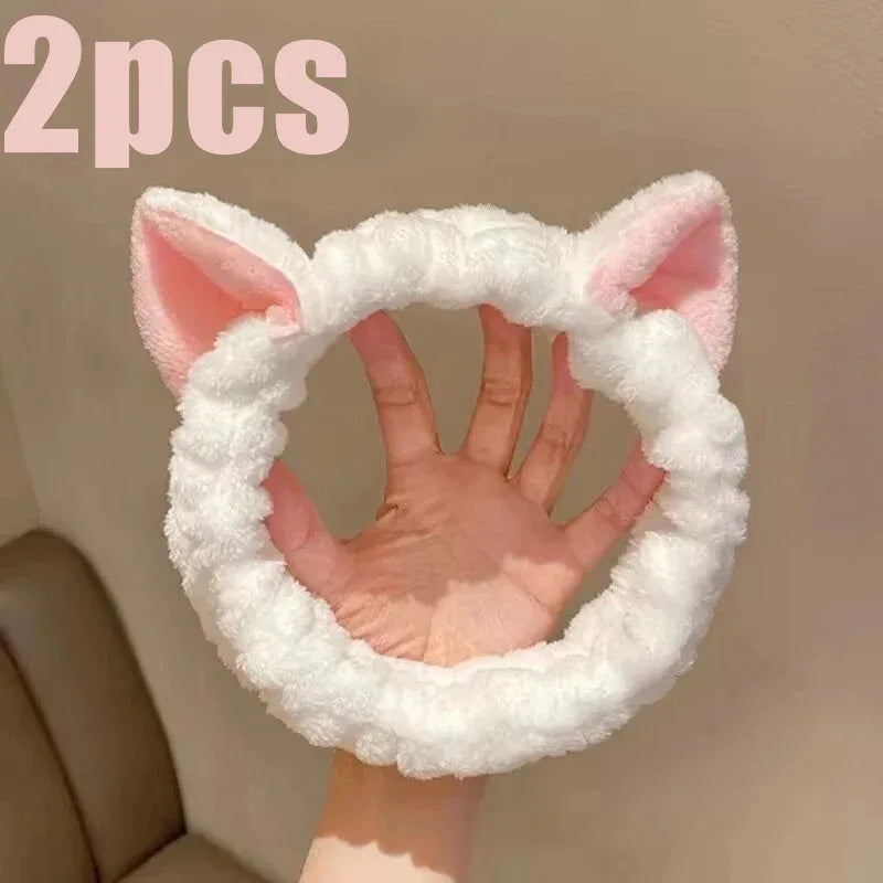 Cat Ear Coral Plush Headband Soft Elastic Makeup & Face Wash Hairband - Black