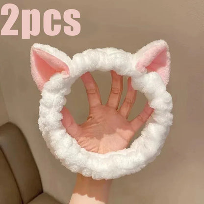 Cat Ear Coral Plush Headband Soft Elastic Makeup & Face Wash Hairband - Black