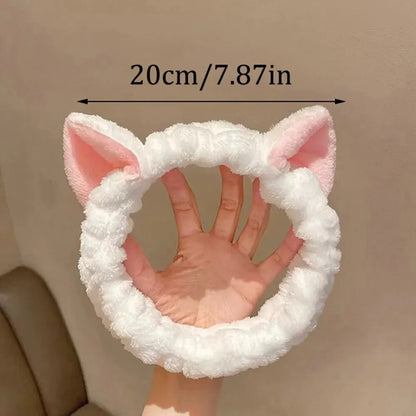 Cat Ear Coral Plush Headband Soft Elastic Makeup & Face Wash Hairband - Black