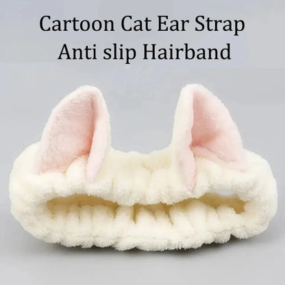 Cat Ear Coral Plush Headband Soft Elastic Makeup & Face Wash Hairband - Black