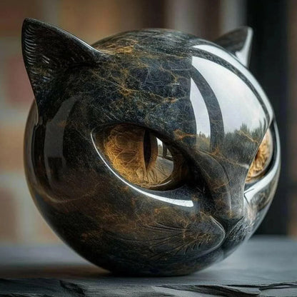 Black Cat Stone Figurine Marble Texture Resin Cat Head Office Desk Decor - 