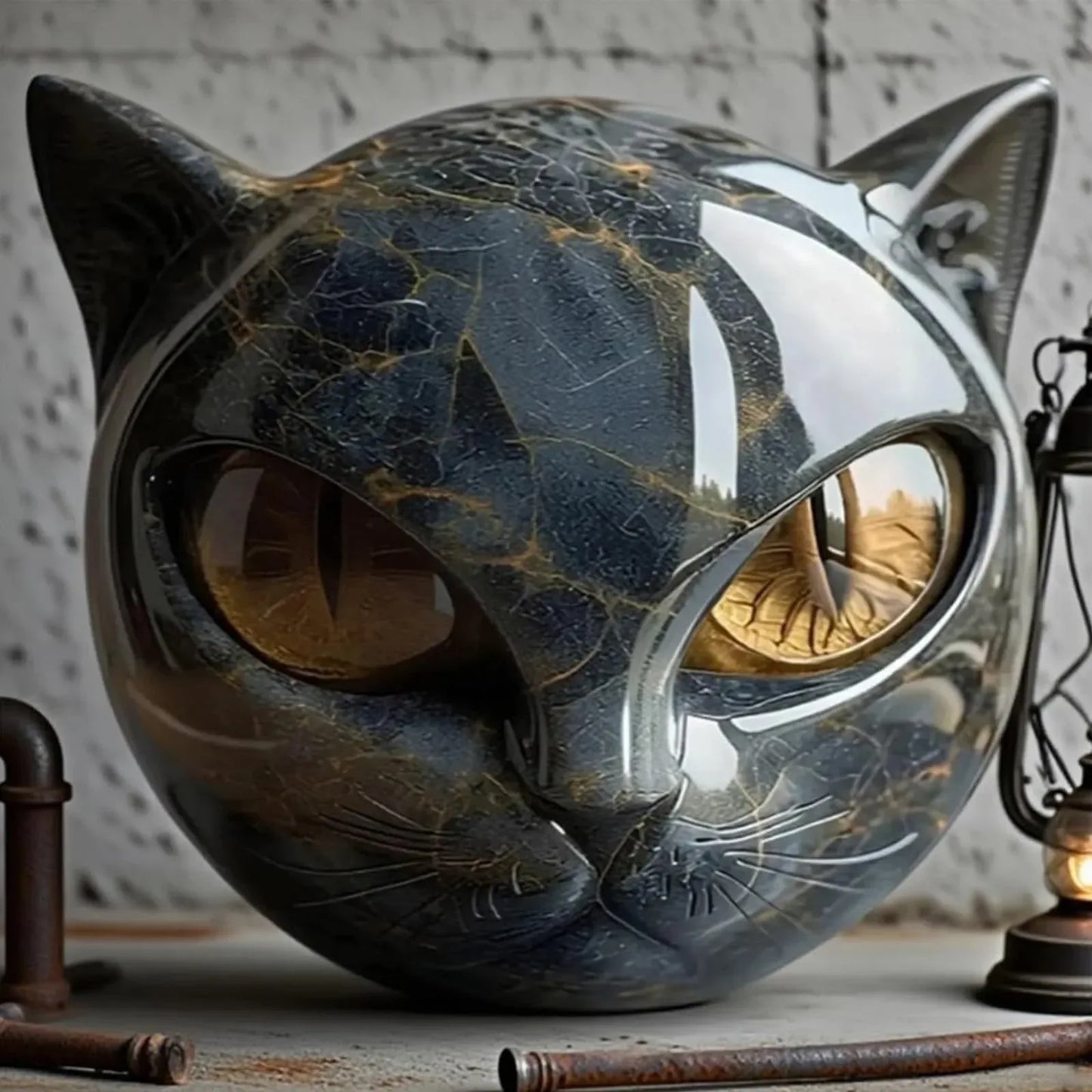 Black Cat Stone Figurine Marble Texture Resin Cat Head Office Desk Decor - 