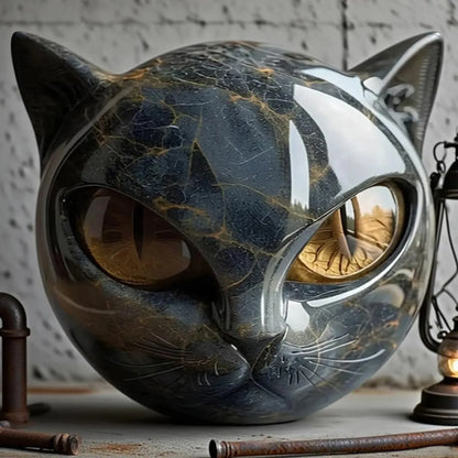 Black Cat Stone Figurine Marble Texture Resin Cat Head Office Desk Decor - 