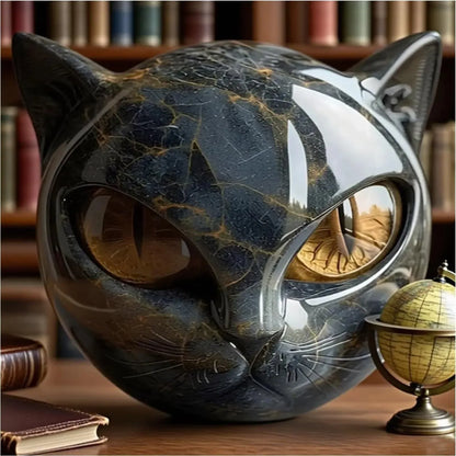 Black Cat Stone Figurine Marble Texture Resin Cat Head Office Desk Decor - 