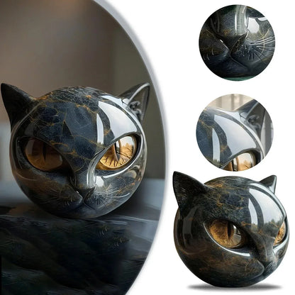 Black Cat Stone Figurine Marble Texture Resin Cat Head Office Desk Decor - 