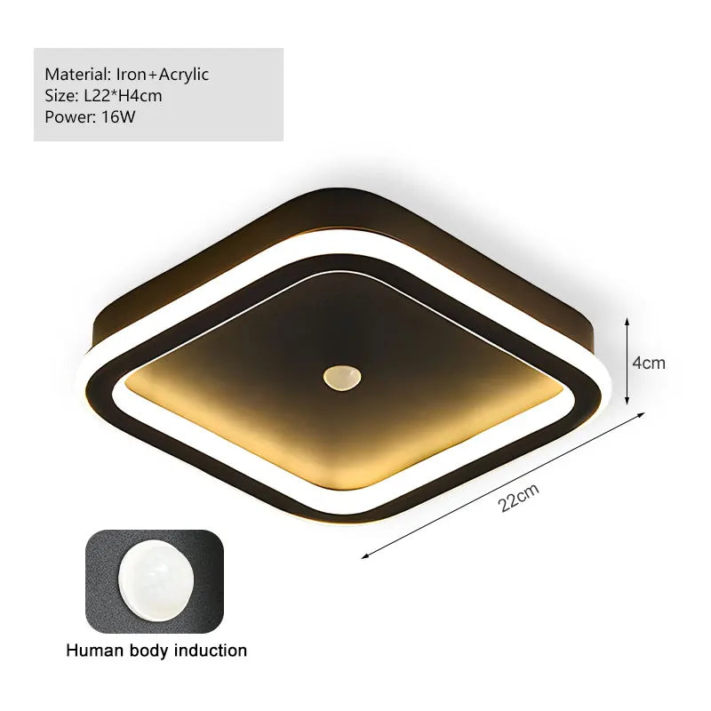 Ceiling light fixture with dimensions and material details on a white background