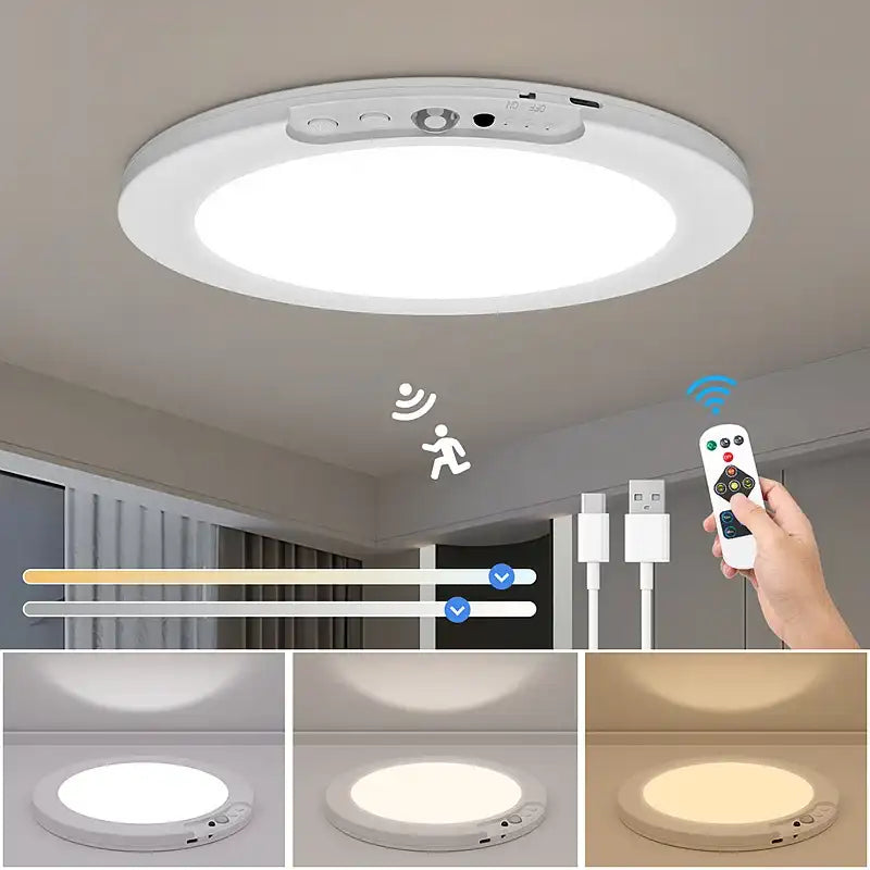 Ceiling light fixture with remote control and various light color options.