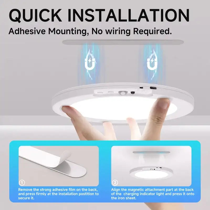Ceiling light fixture with adhesive mounting instructions on a gray background